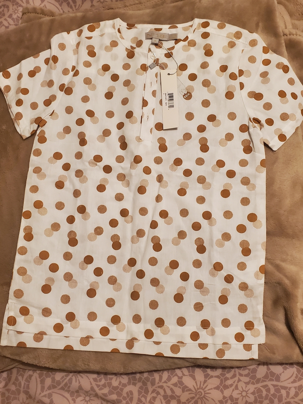 White Short Sleeve Top with Brown Polka Dots